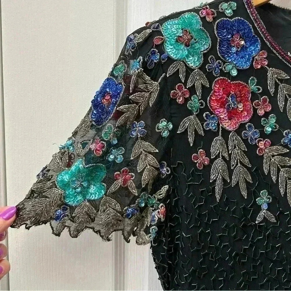 SCALA Sequin Beaded Cocktail Evening Dress Black Multi Colour Open Back Medium - Picture 7 of 15